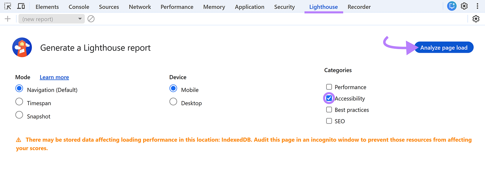 Chrome DevTools Lighthouse setup screen with Accessibility selected and Analyze page load button
