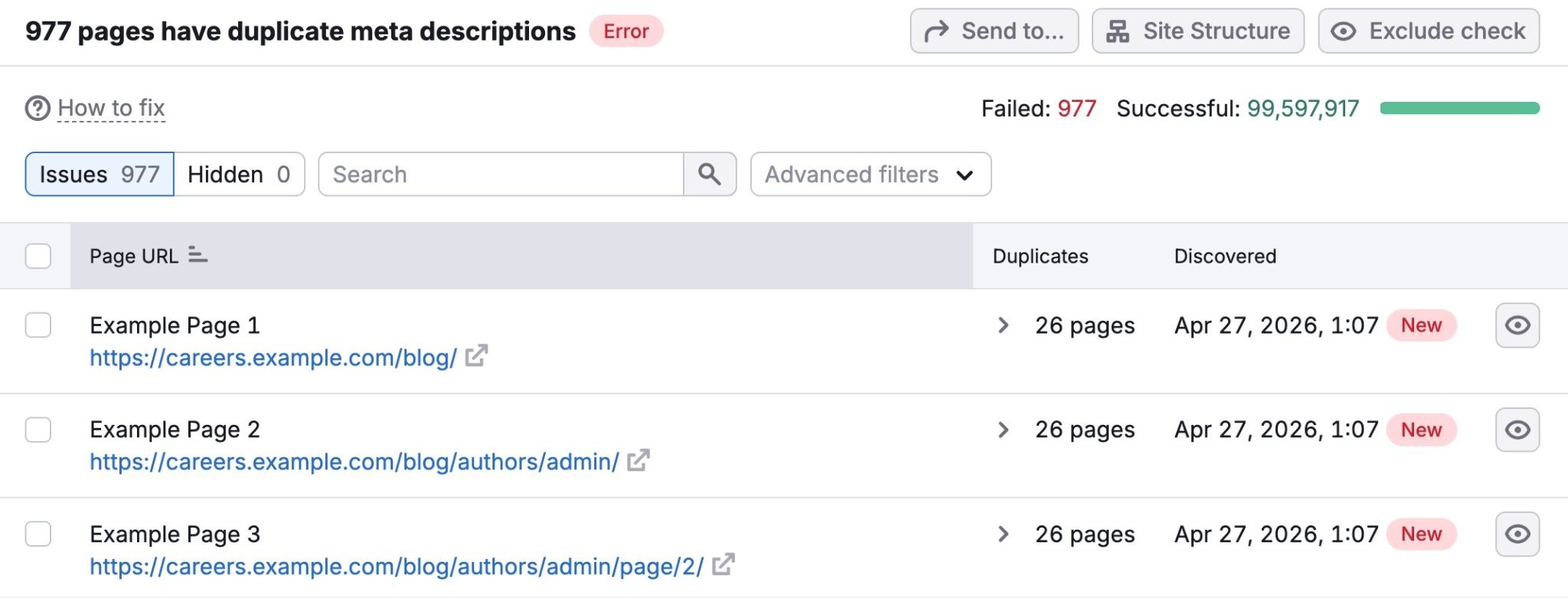A list of pages with duplicate meta descriptions on Site Audit.