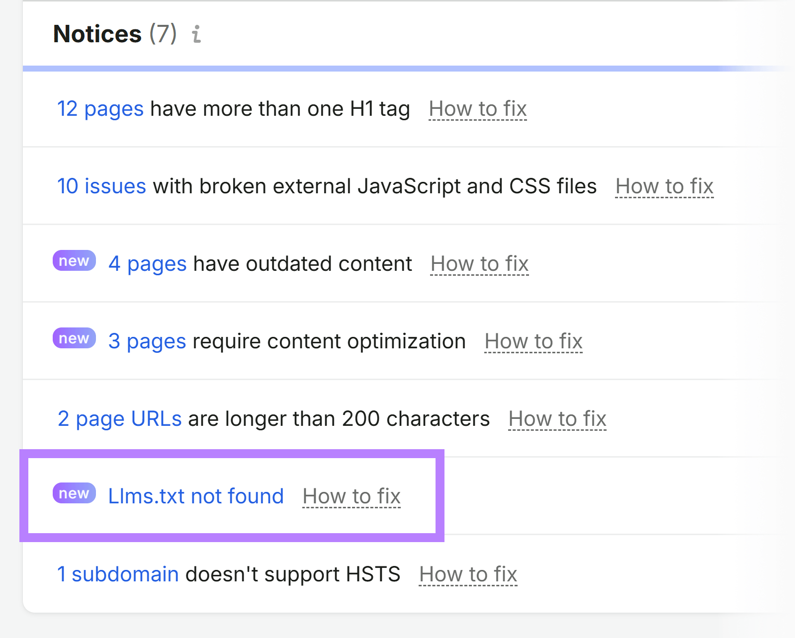 Semrush Site Audit notices with the “Llms.txt not found” issue highlighted