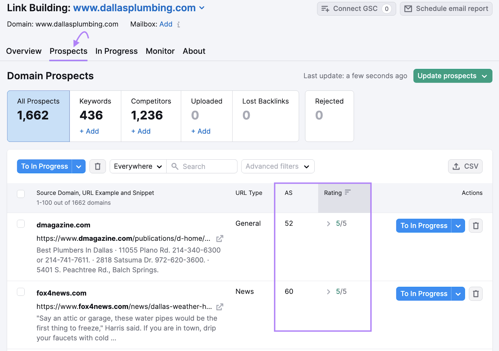 “Prospects” tab in Link Building Tool with "AS" and "Rating" metrics highlighted