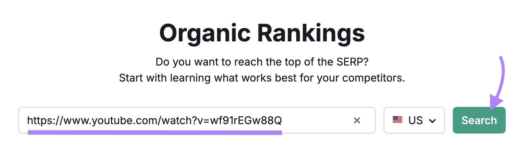 Organic Rankings tool start with the URL of a video entered and "Search" clicked.