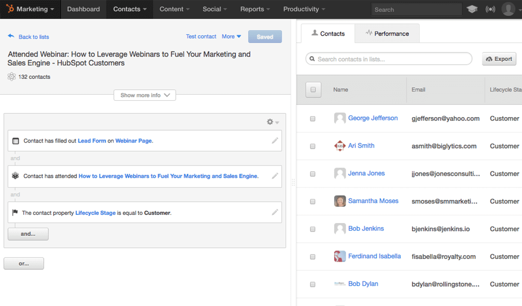 HubSpot in-app screenshot showing users who attended a webinar and completed other actions.