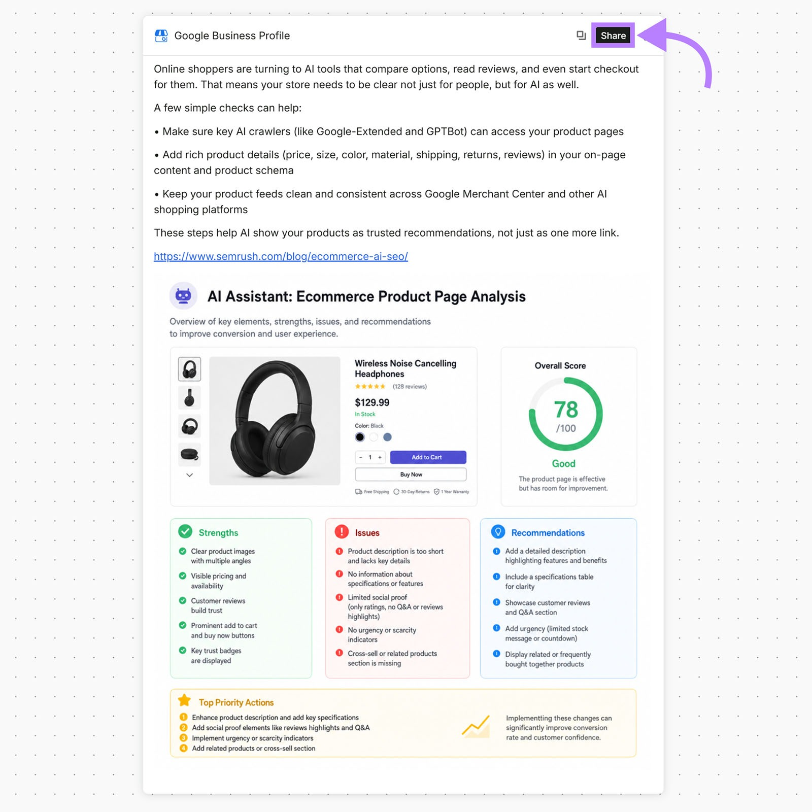 Google Business Profile post with AI-generated ecommerce SEO content and a product page analysis, with the Share button highlighted