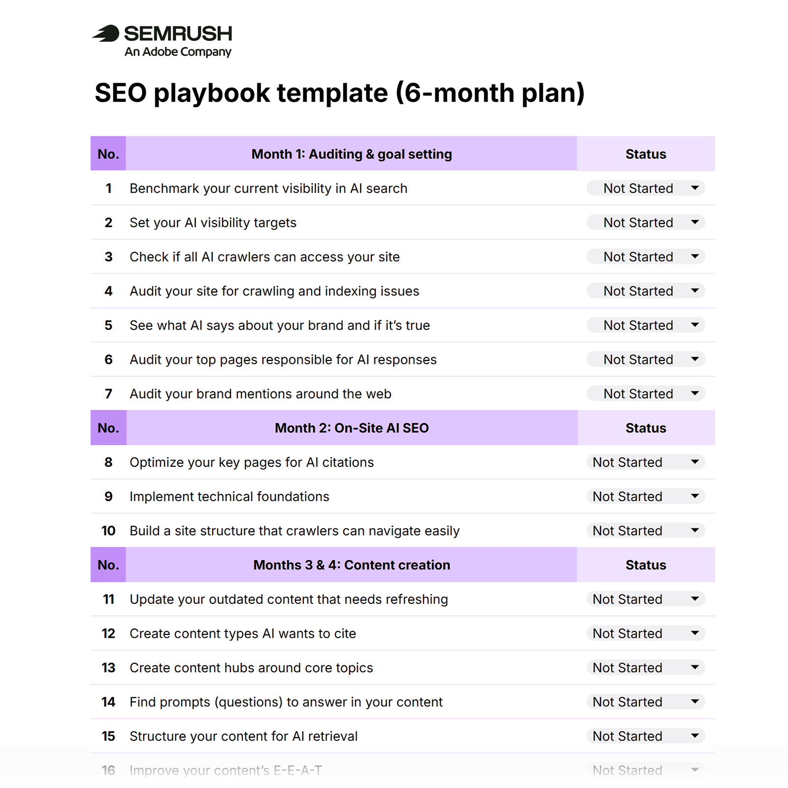 SEO playbook template spreadsheet outlining a 6-month AI SEO plan with monthly tasks, priorities, and status tracking