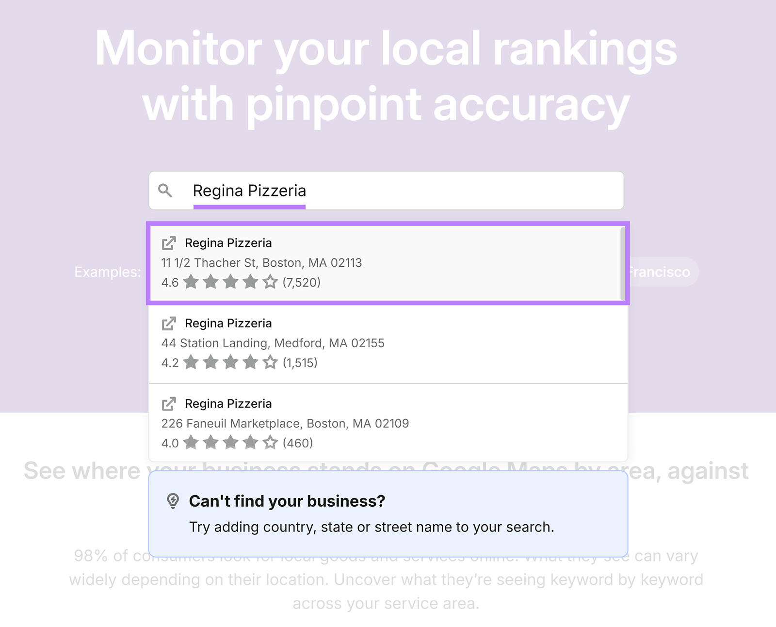 Semrush Map Rank Tracker search showing Regina Pizzeria locations in Boston with ratings and addresses