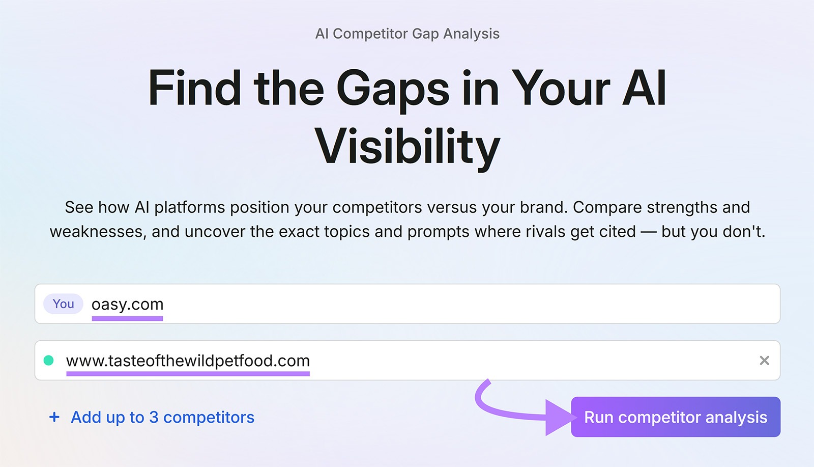 AI Competitor Gap Analysis page with competitor domains and Run competitor analysis button