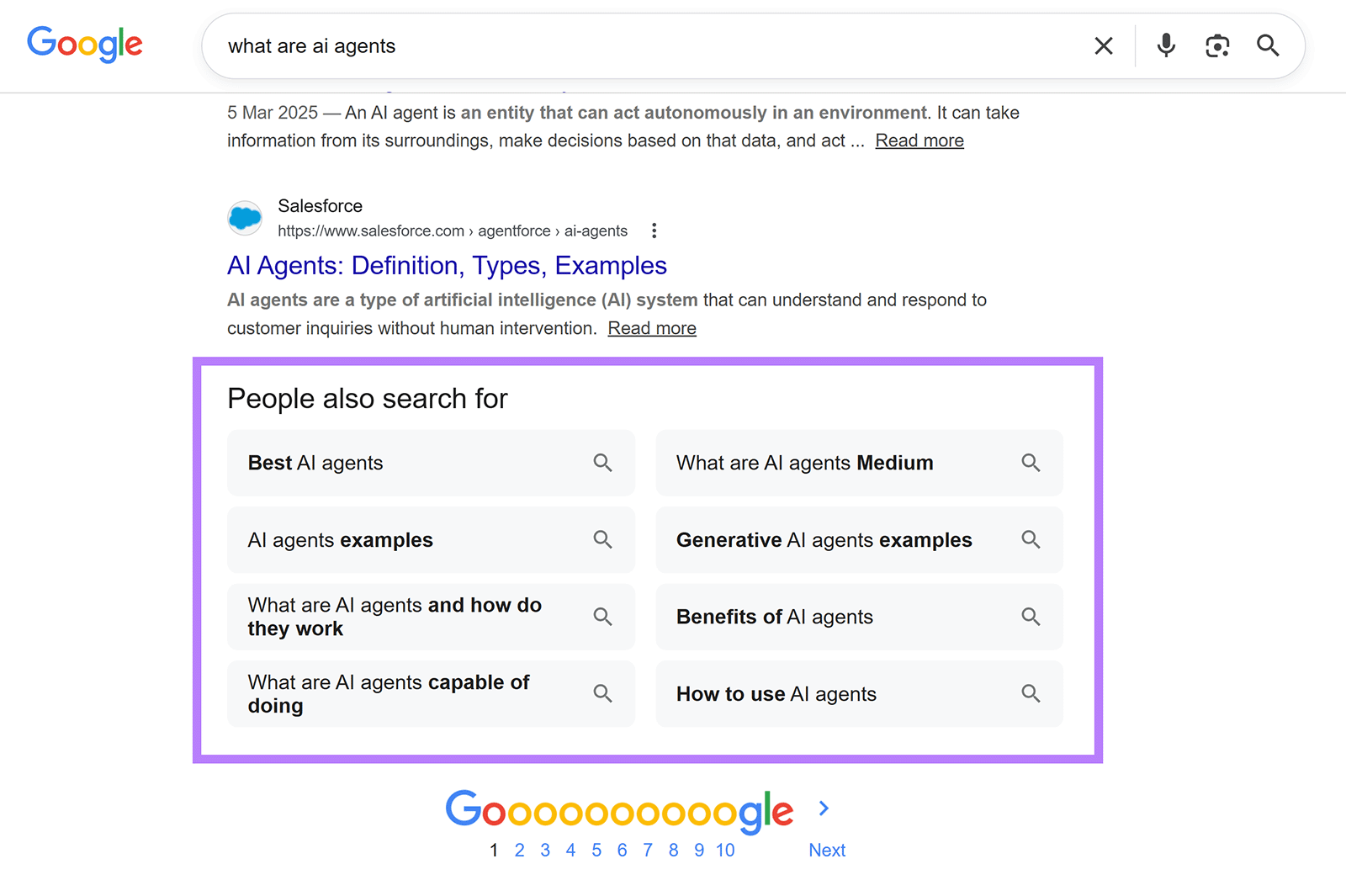 Google search results showing the "People also search for" section with related AI agent queries.