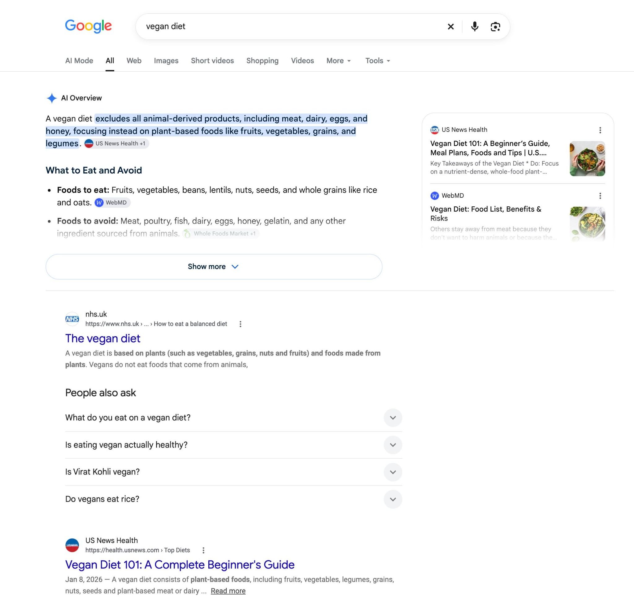 Google SERP for the term "vegan diet" with the top results being an AI Overview, organics listings, and a PAA box.