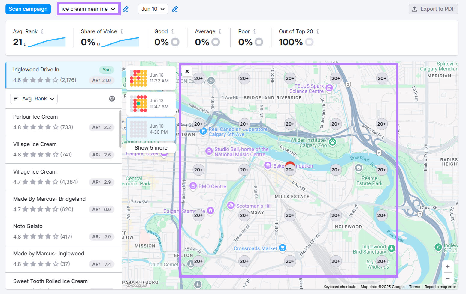 Local map rank tracker showing “ice cream near me,” average rank, and map area with multiple ranking pins