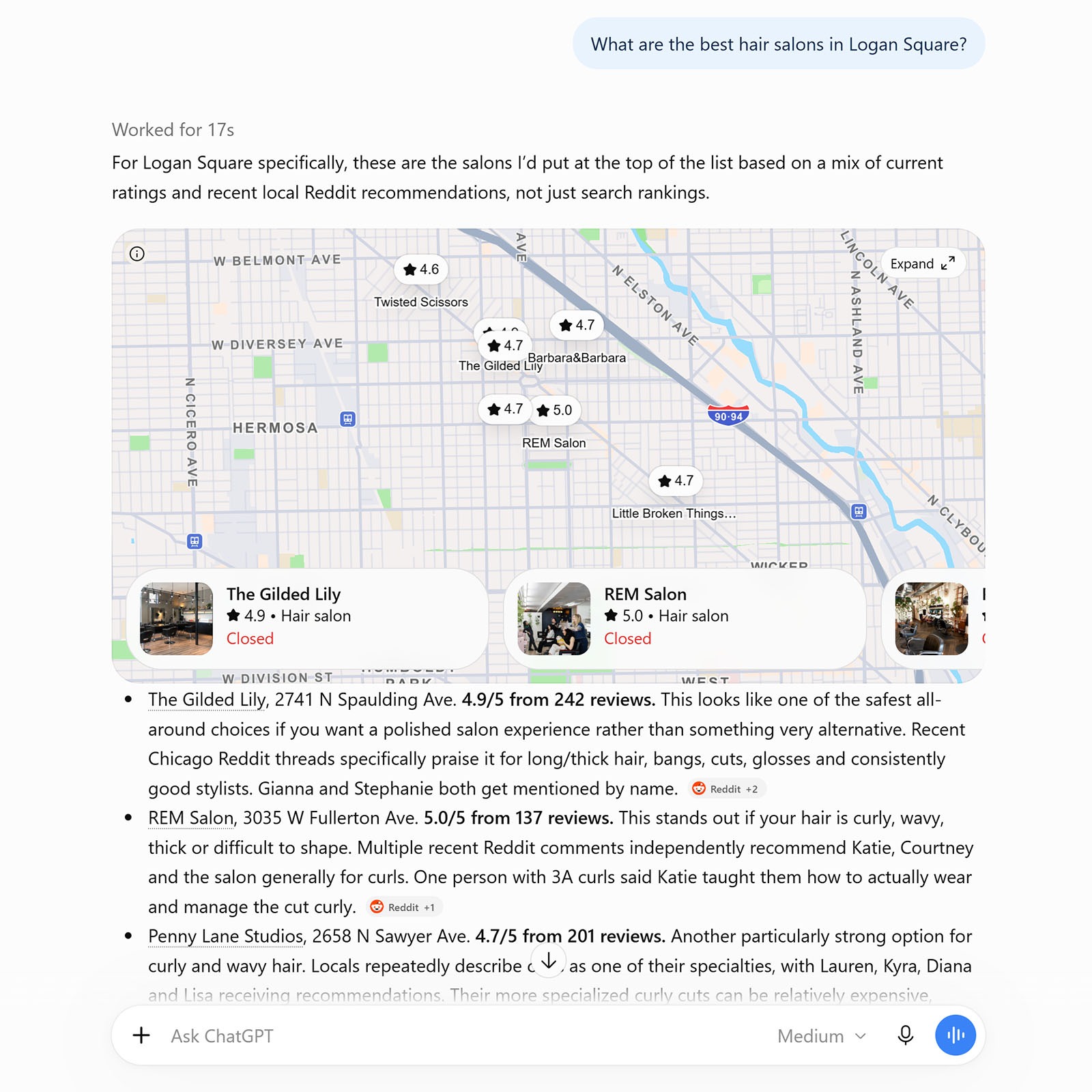 ChatGPT recommends top-rated hair salons in Logan Square with a map, ratings, reviews, and local Reddit insights