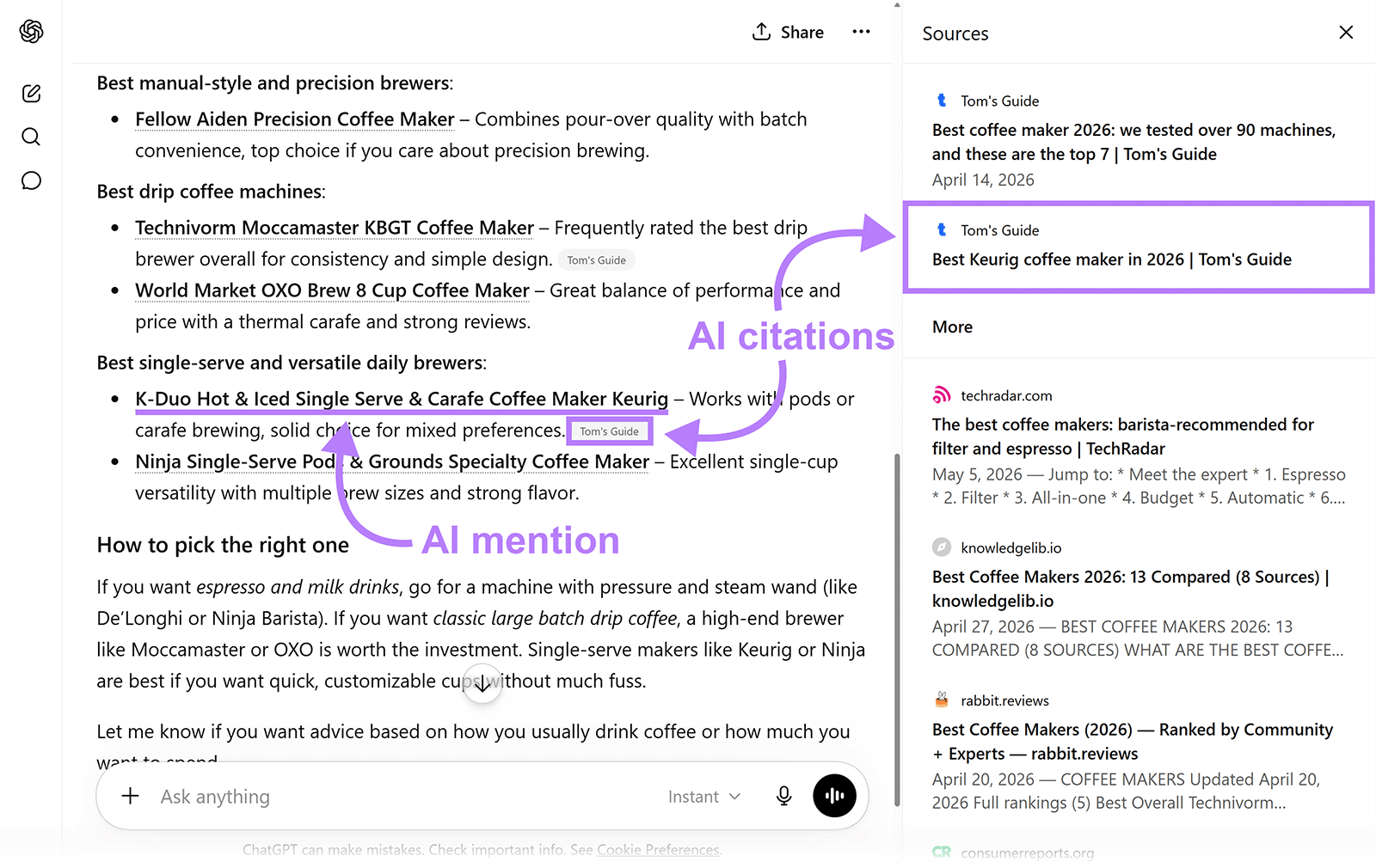 ChatGPT response with highlighted AI mention and citation source links for coffee maker recommendations