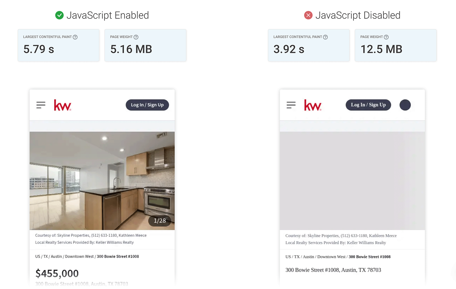 Side-by-side mobile views comparing JavaScript enabled and disabled page load times and sizes.