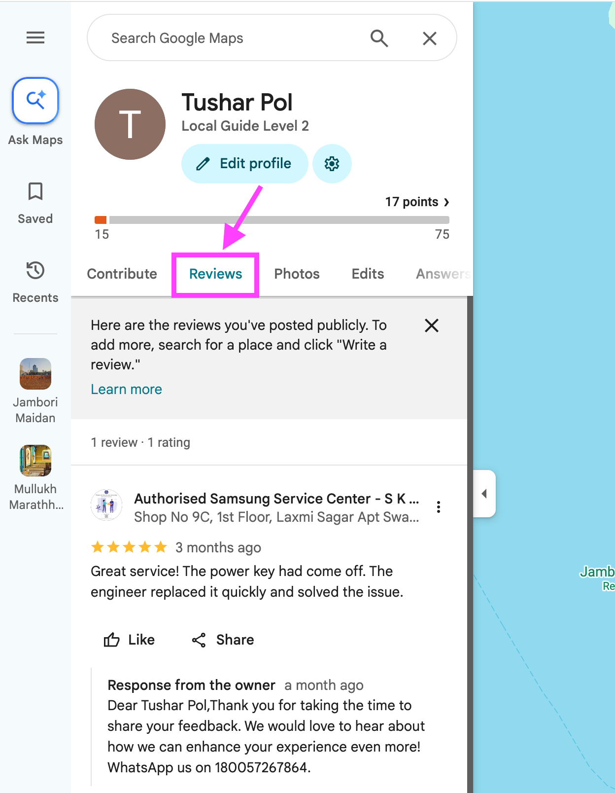 Reviews tab in Google Maps