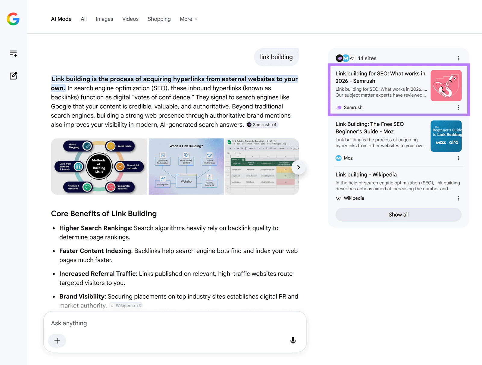 Google AI Mode answer about link building with the Semrush article highlighted as a cited source