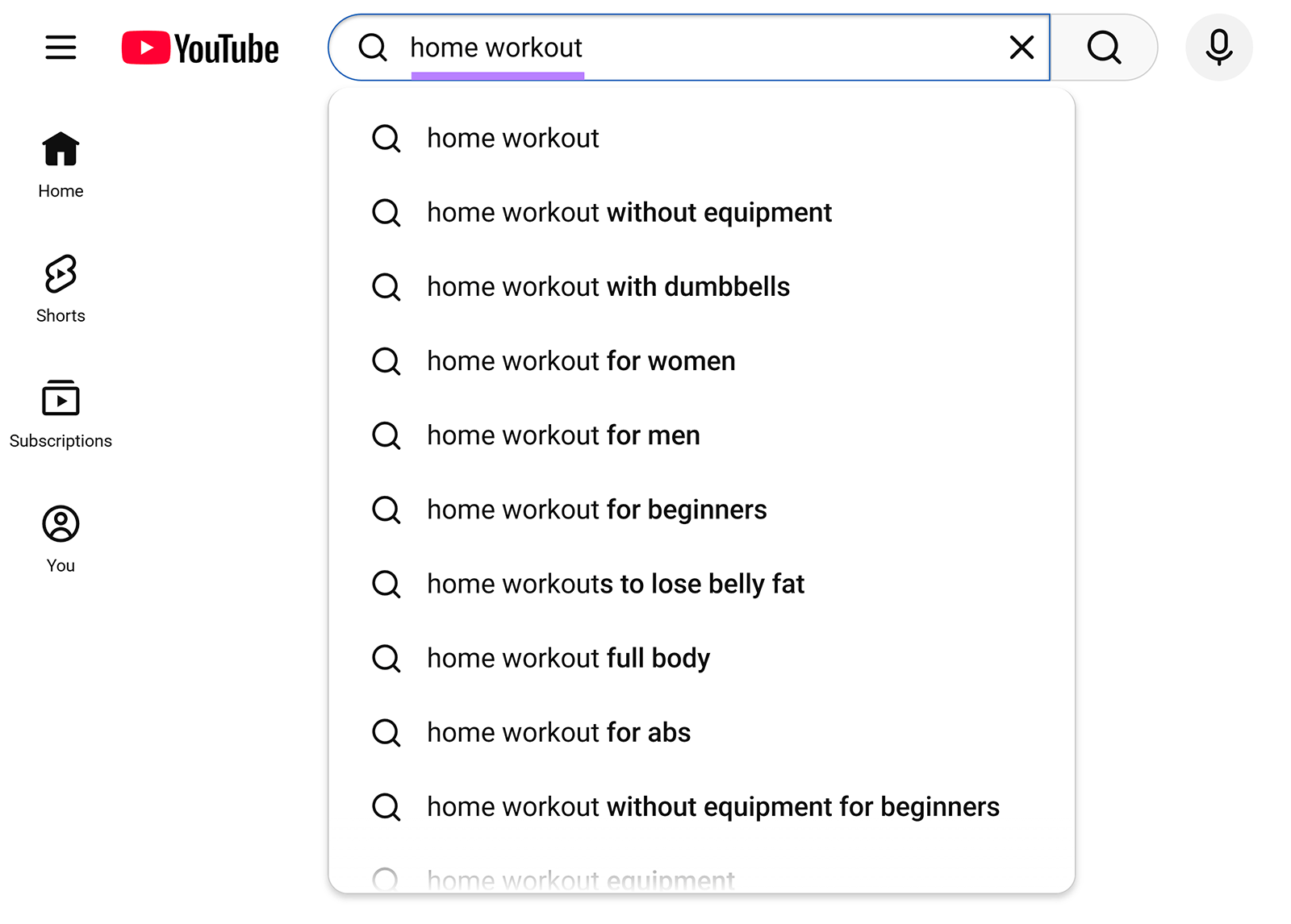 YouTube search autocomplete suggestions for the query “home workout”
