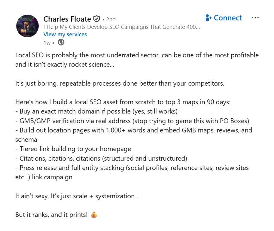 LinkedIn post by Charles Floate outlining a local SEO strategy using location pages, links, citations, and entity stacking