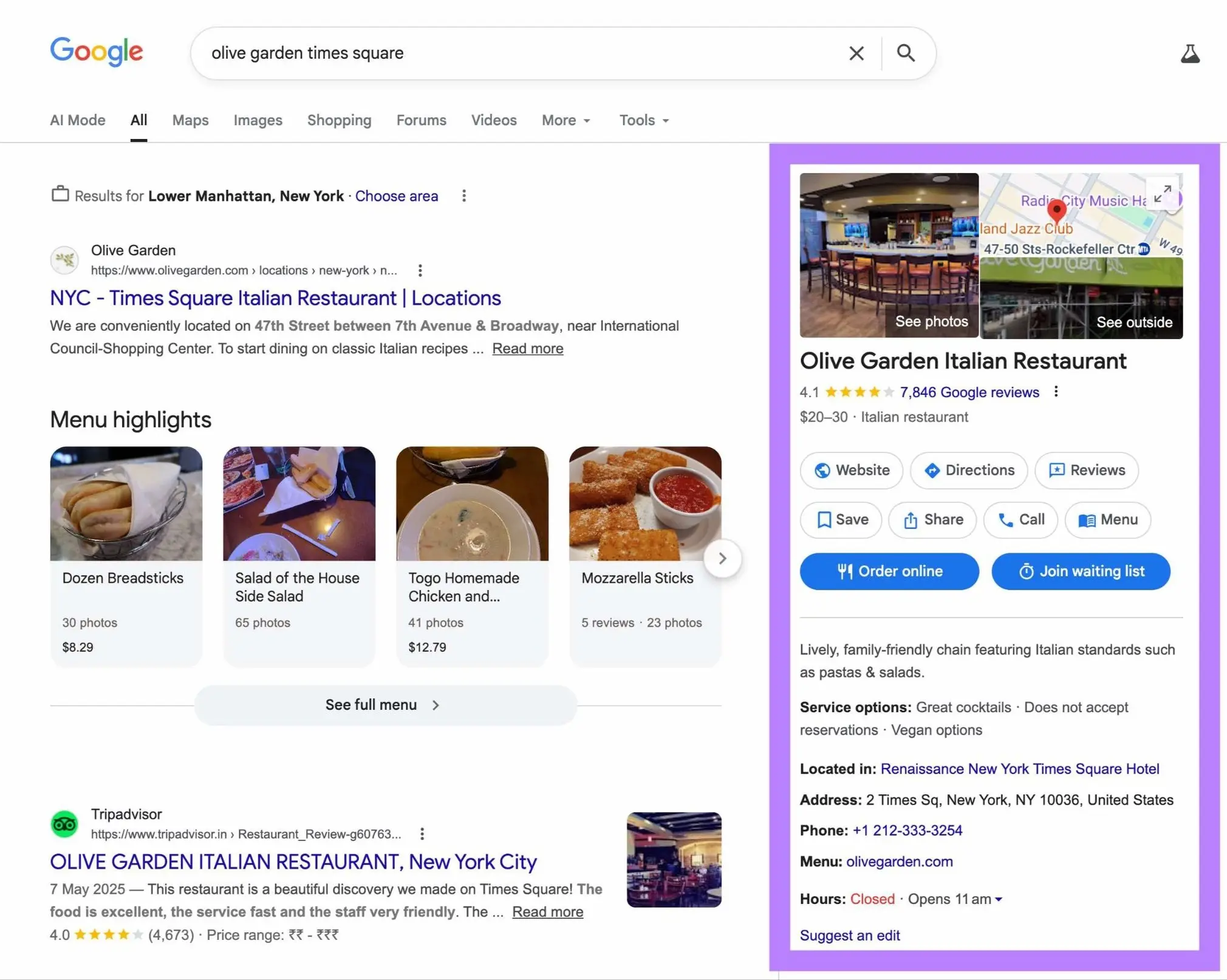 Google results for Olive Garden Times Square with the restaurant's local business panel highlighted