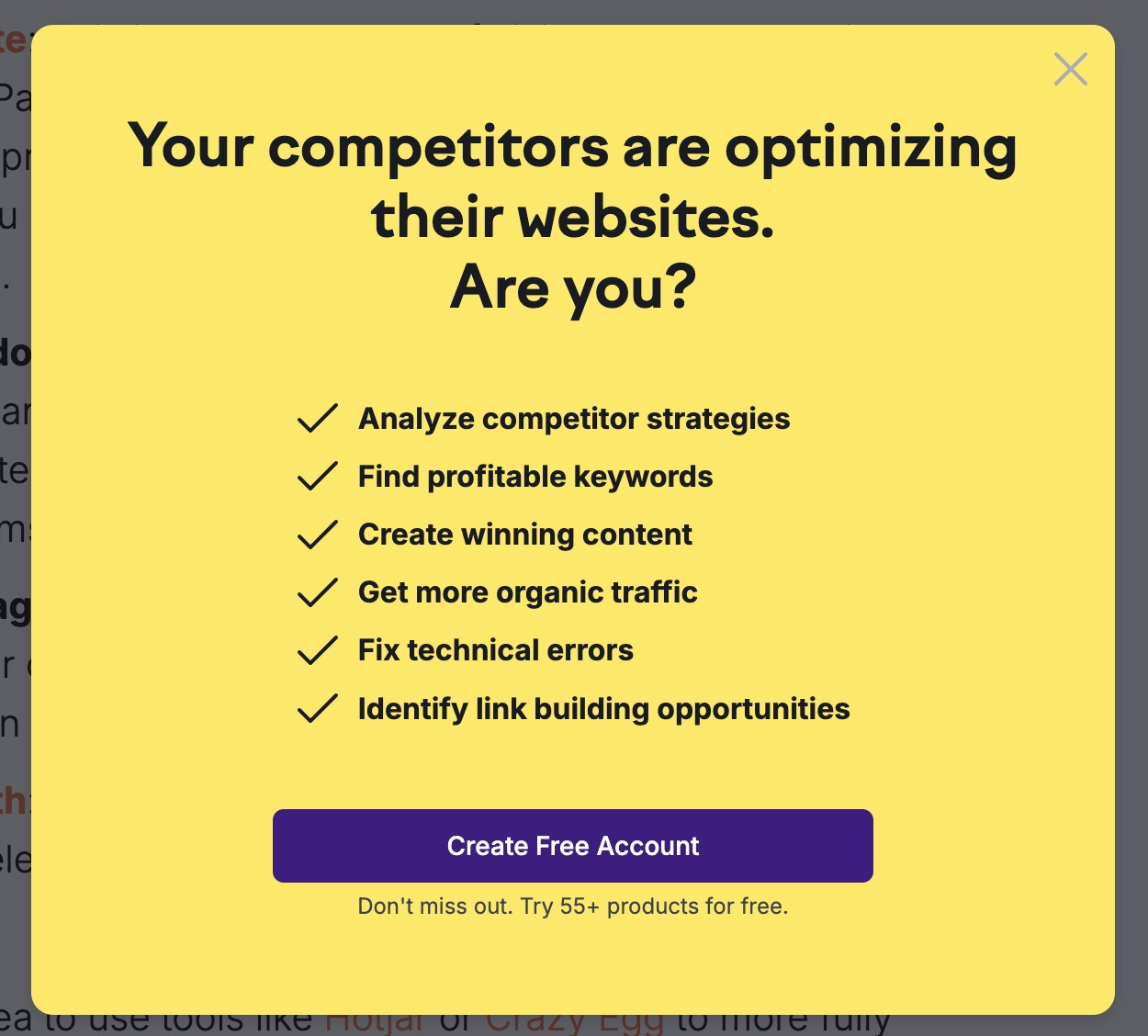 A redesigned popup on the Semrush blog with a persuasive headline reading "Your competitors are optimizing their websites. Are you?".