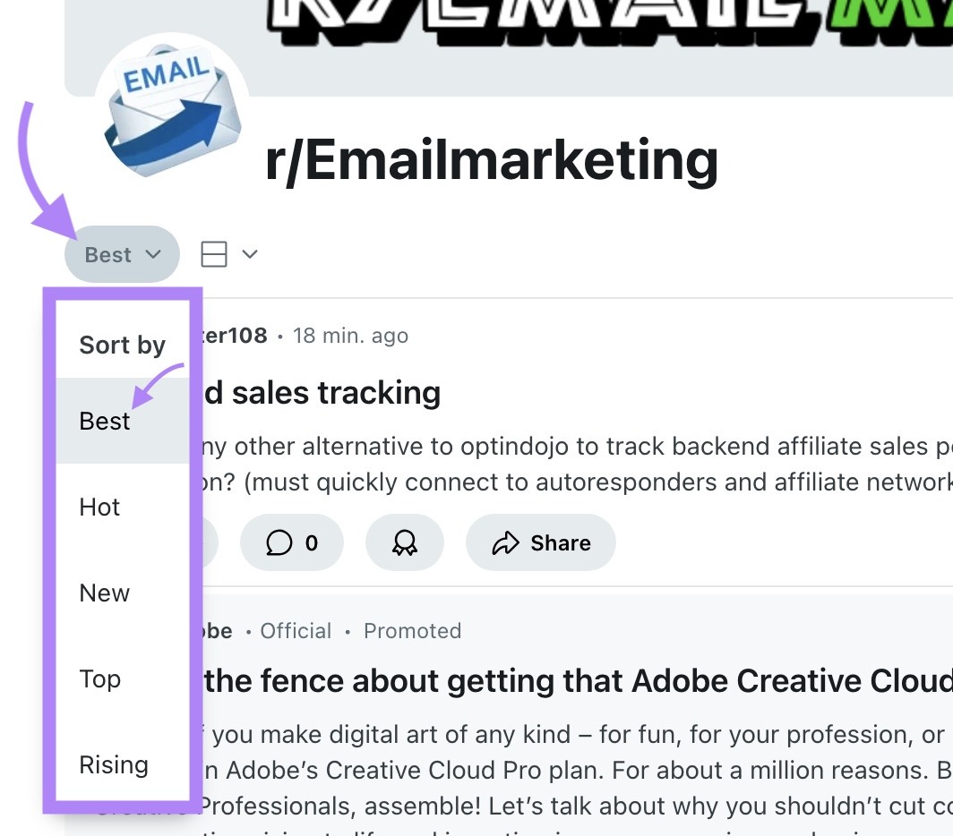Sorting posts by "Best" on the email marketing subreddit.