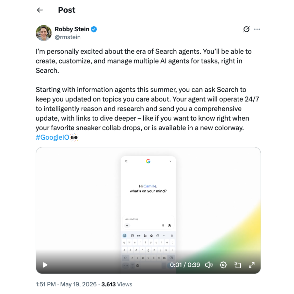 Robby Stein expressed excitement over Search agents via an X post.