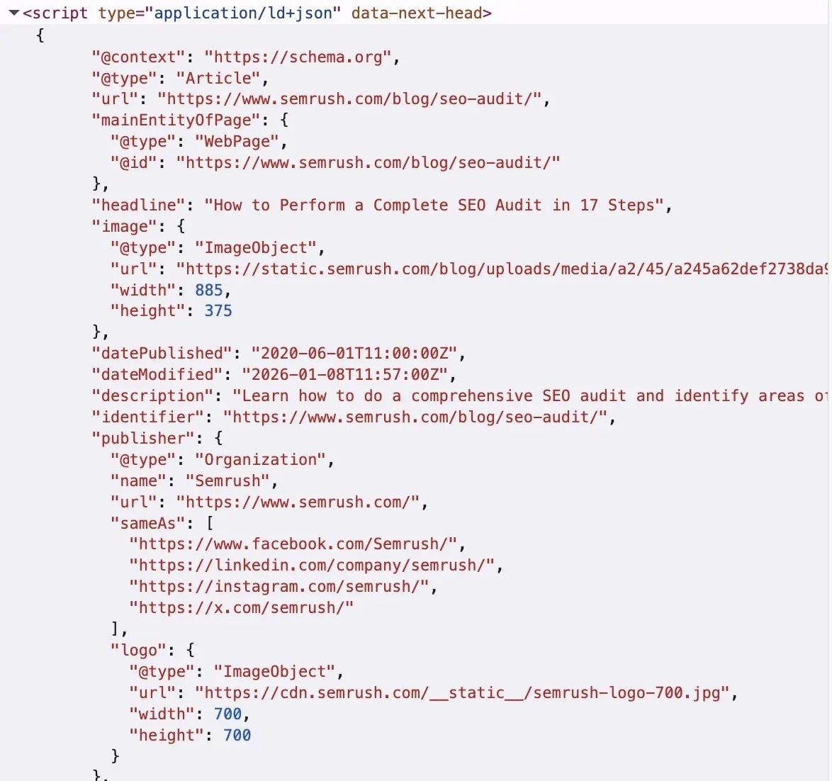 JSON-LD schema markup for an Semrush article with metadata like headline, dates, image, and publisher details.