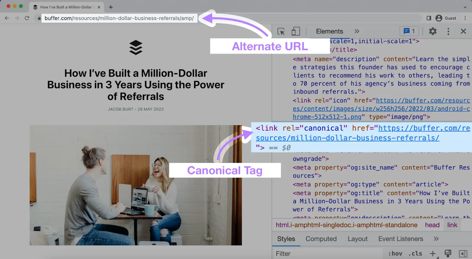 split screen showing an article and its HTML code, highlighting "Alternate URL" and "Canonical Tag"with arrows