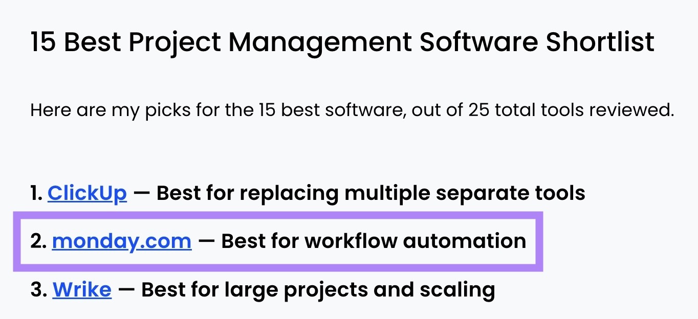 "monday.com" being cited as the best project management tool for workflow automation on a blog post.
