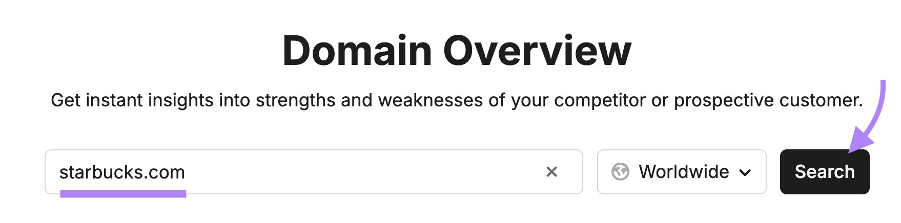 Domain Overview with "starbucks.com" entered and "Search" clicked.