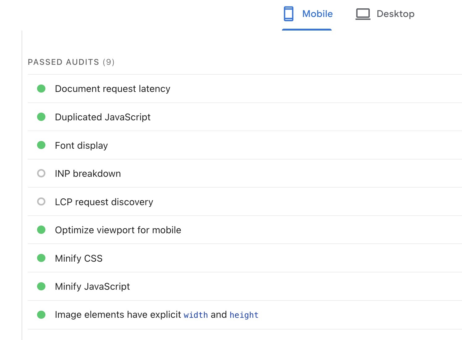PageSpeed Insights report showing the “Passed Audits” section with mobile-friendly checks such as viewport configuration and readable font sizes.