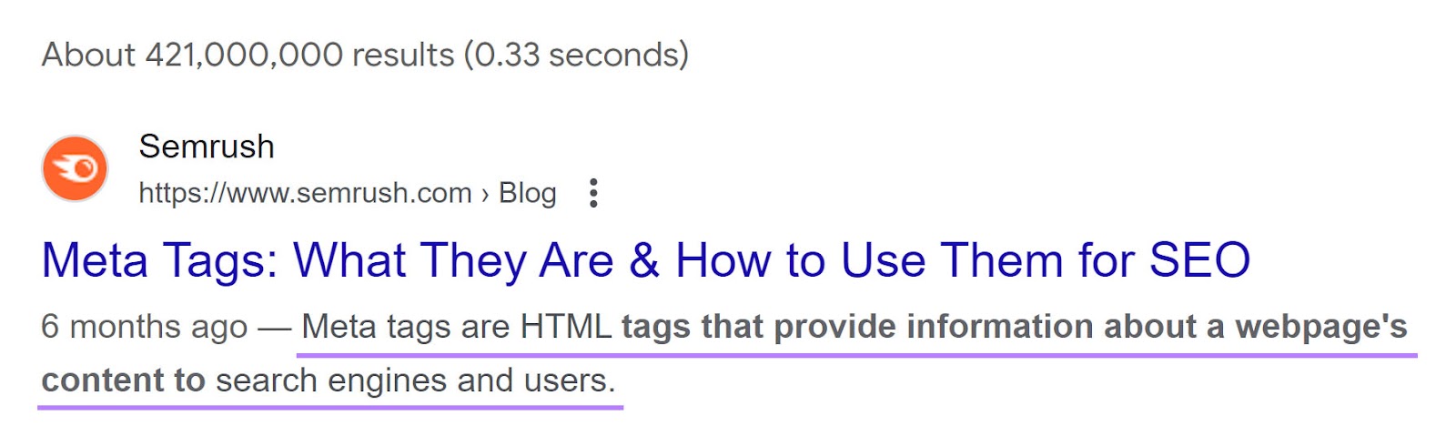 Meta description of the first result in Google Search Engine Results Page.