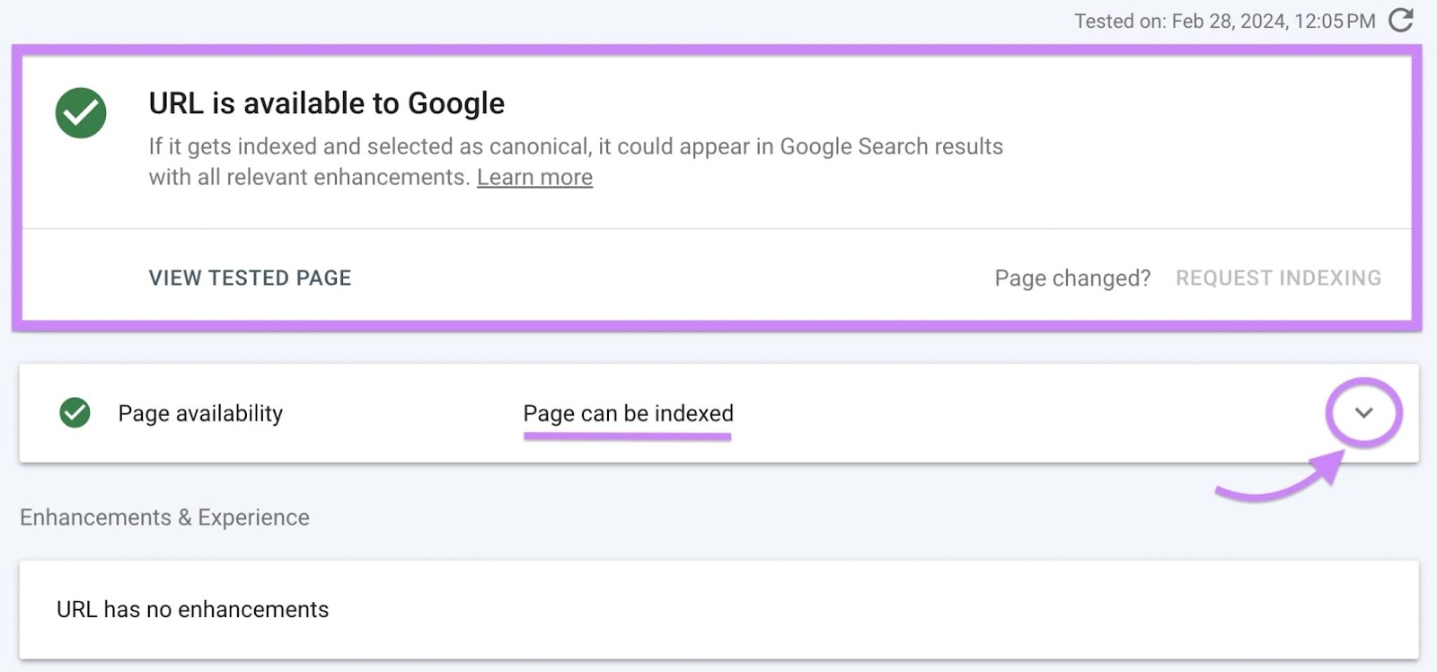 “Page availability” status showing “Page can be indexed”