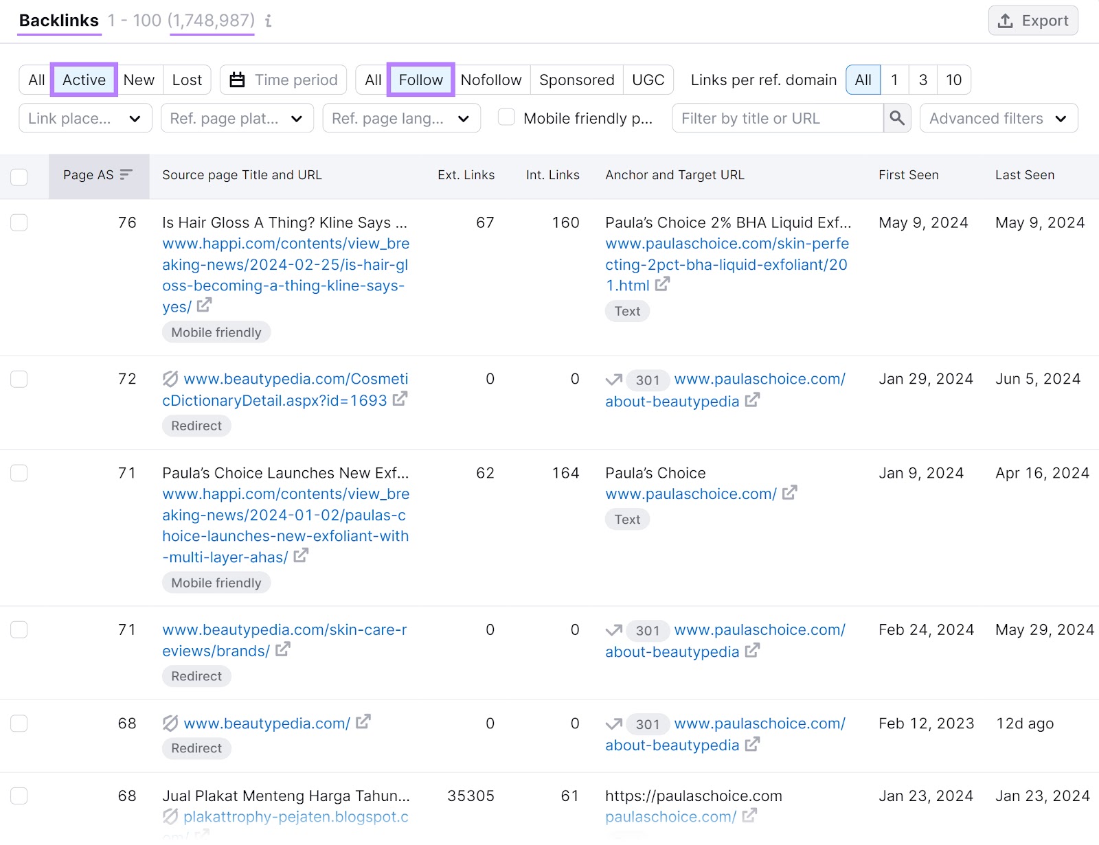 "Backlinks" section of the Backlinks tool with "Active" and "Follow" filters highlighted
