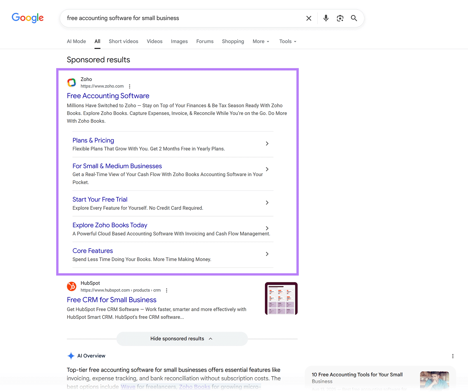 Google search results page with a Zoho sponsored PPC ad for free accounting software