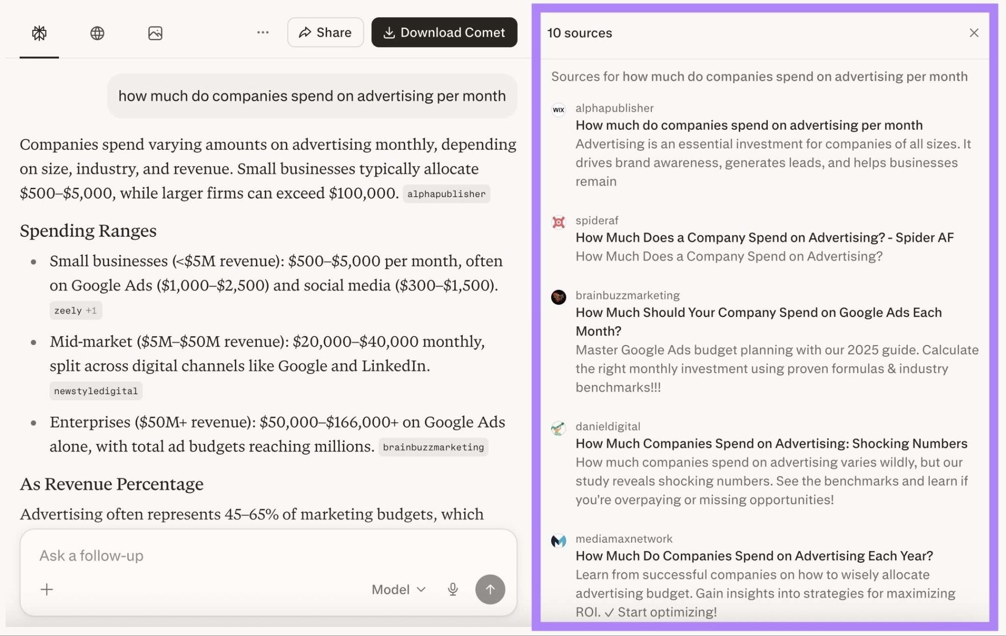 A response on Perplexity with the "Sources" on the right highlighted.