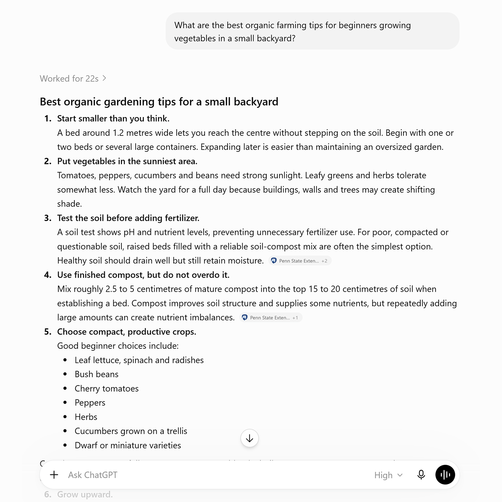 ChatGPT response listing organic gardening tips for beginners with small backyards