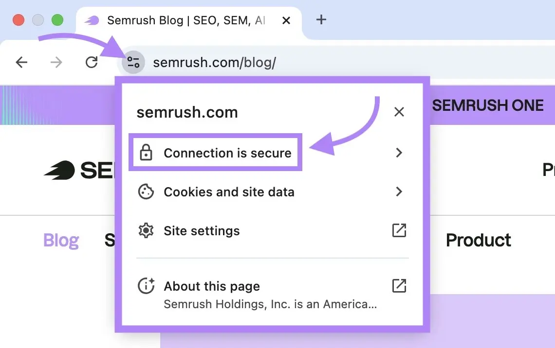 Chrome site information for semrush.com showing that the website connection is secure