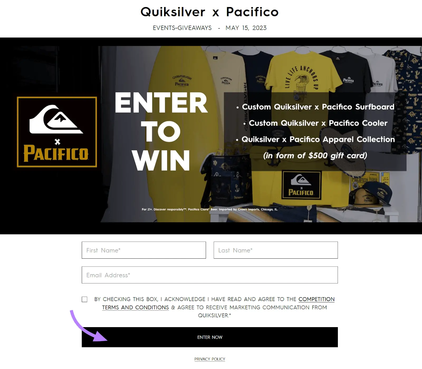 Quiksilver x Pacifico giveaway page with form fields and highlighted Enter Now button