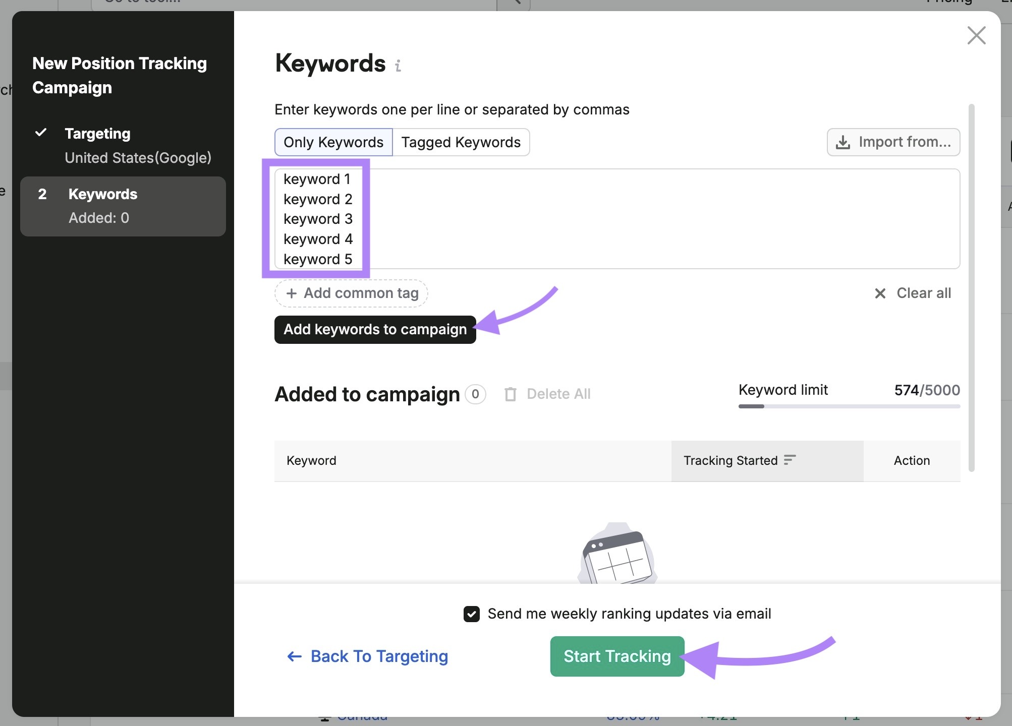 Position Tracking settings with keywords entered, along with "Add keywords to campaign" and "Start Tracking" highlighted.