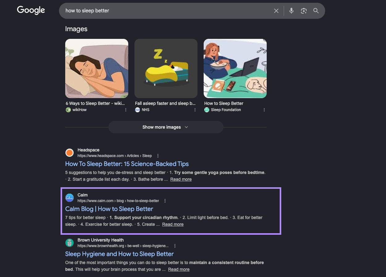 Google search results page highlighting the article ‘How to Sleep Better.’