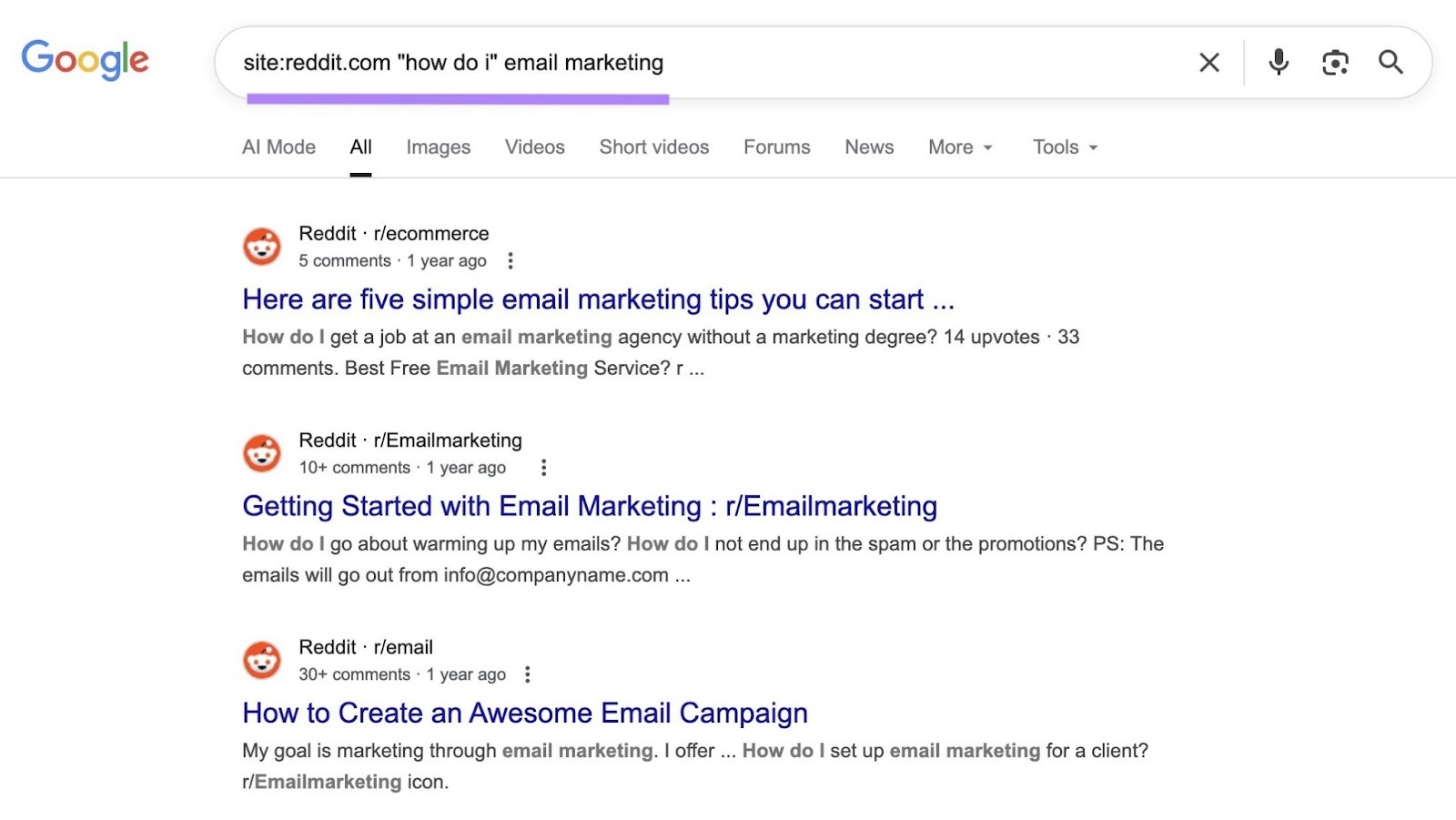 Using a site search operator to find Reddit discussions where users have questions on a specific topic.