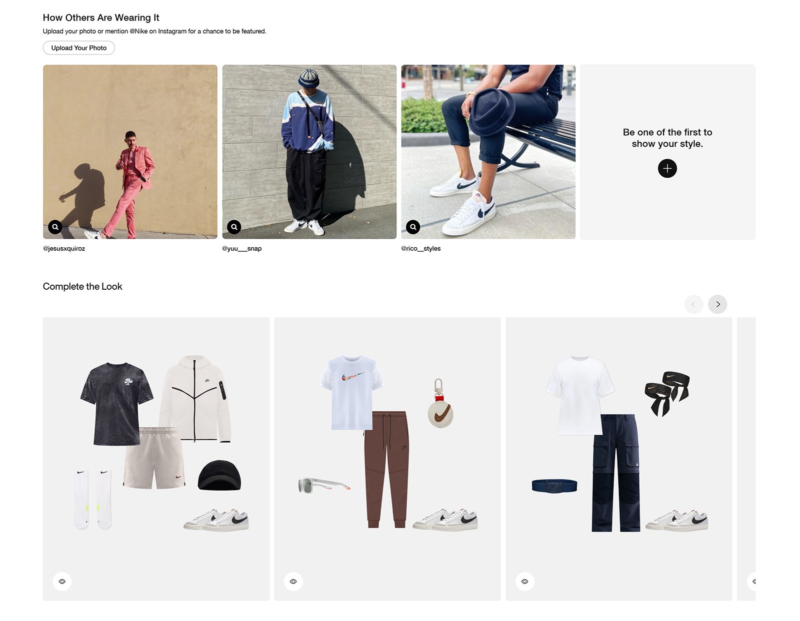 Nike product page section with customer photos and Complete the Look outfit recommendations