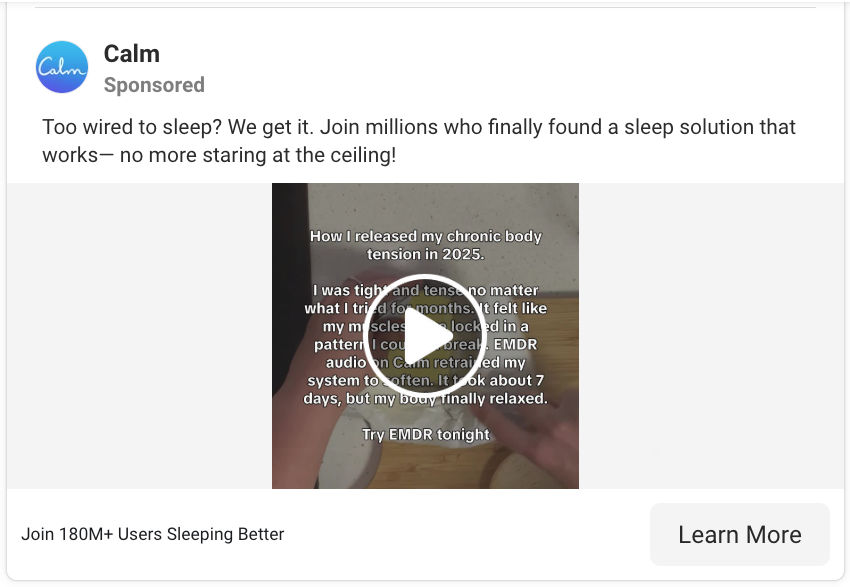Facebook ad for the Calm meditation app promoting sleep support.