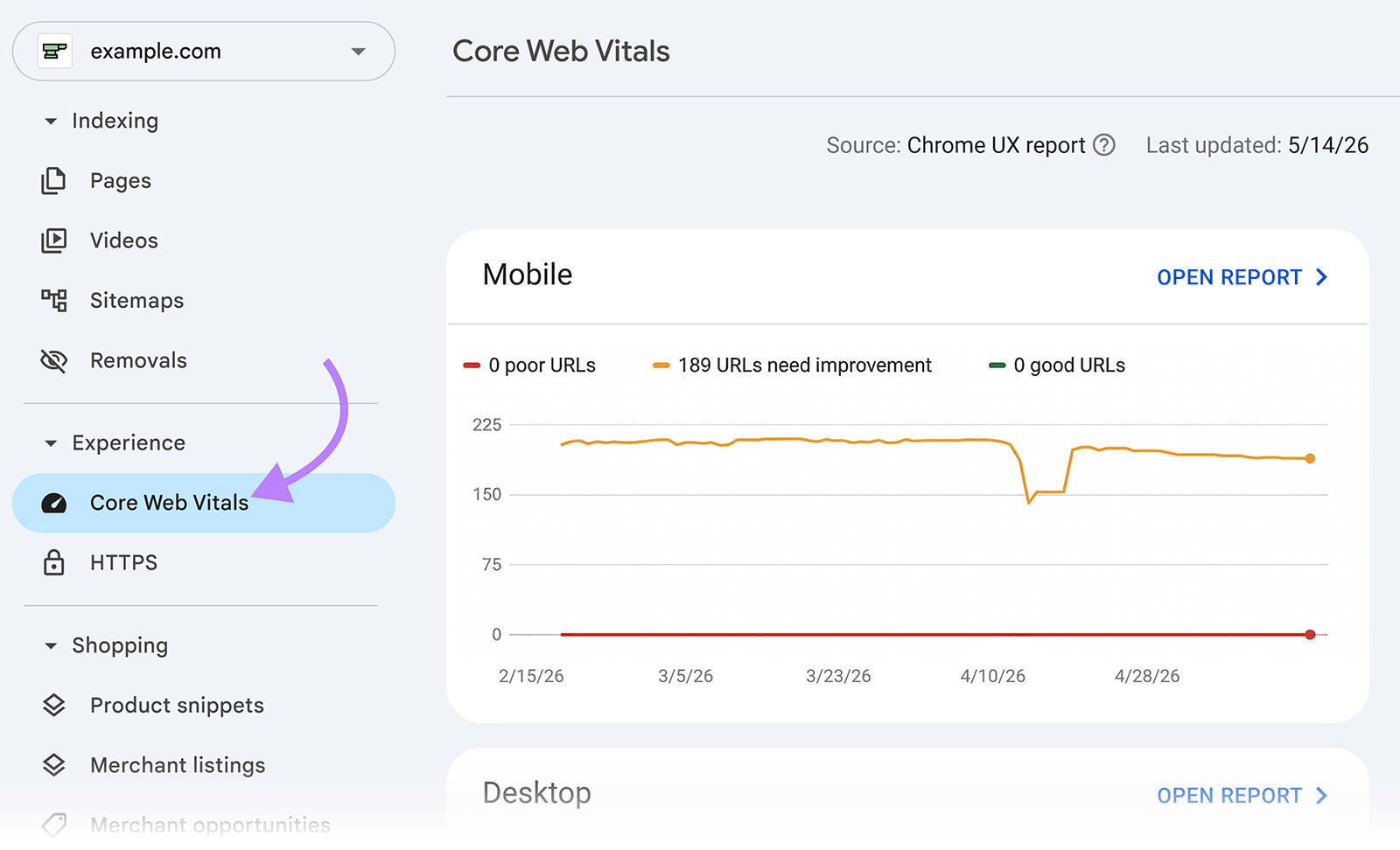 Google Search Console Core Web Vitals report showing mobile URL performance trends and issues