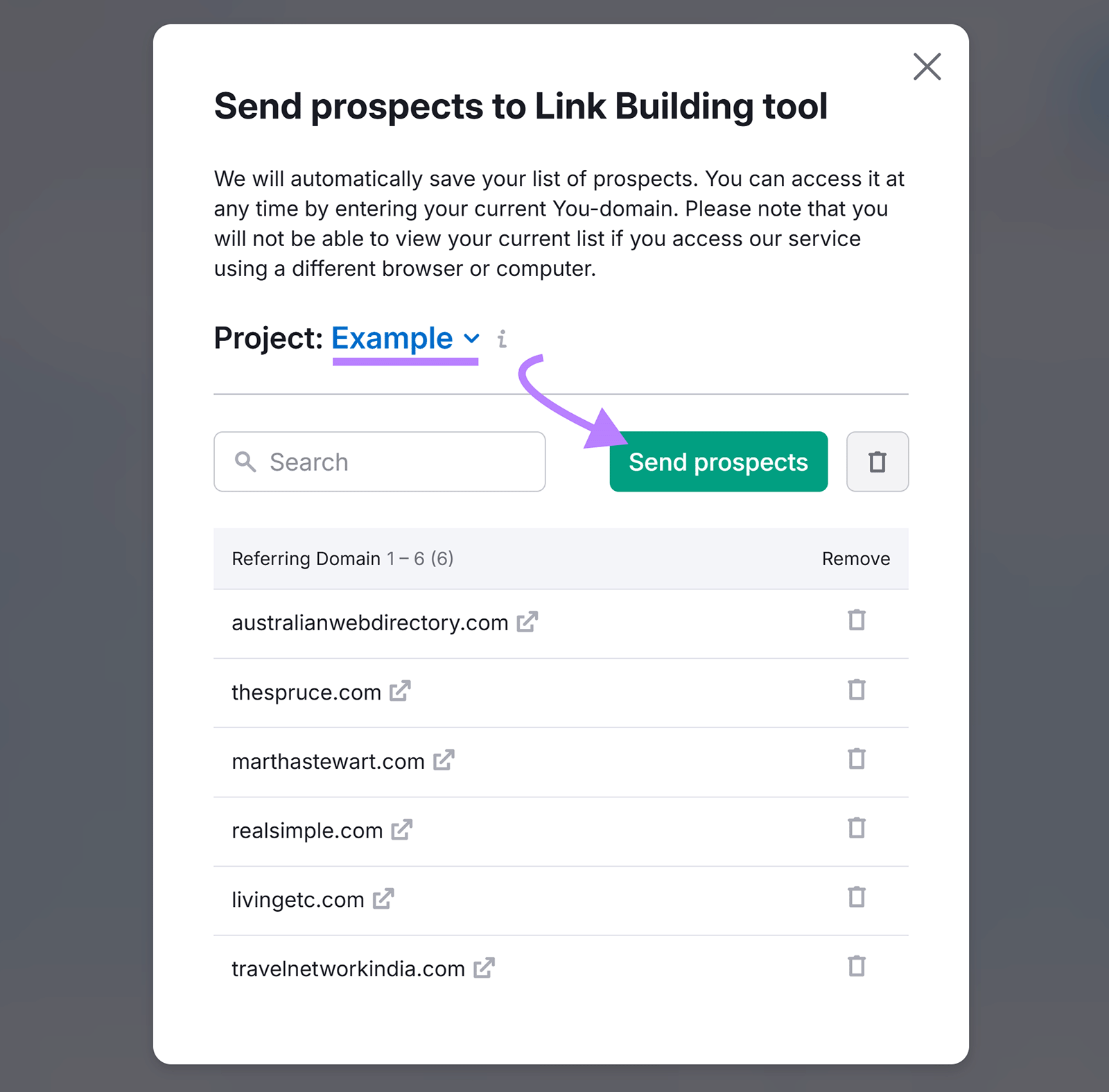 Popup window to send selected backlink prospects to link building project