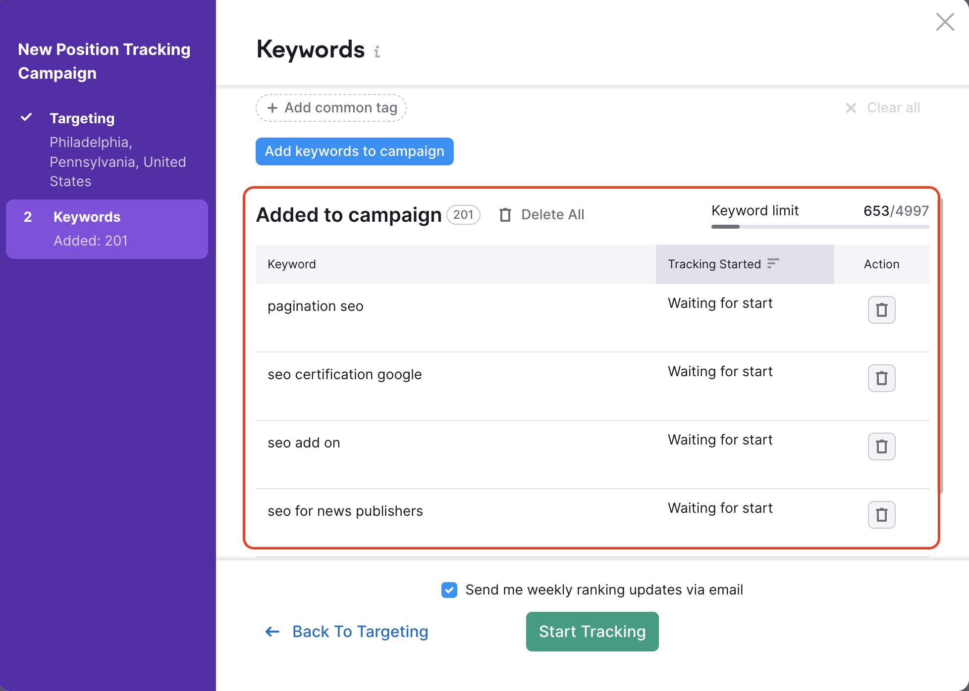 Position Tracking configuration window – Keywords. A red rectangle is highlighting the Added to campaign section.
