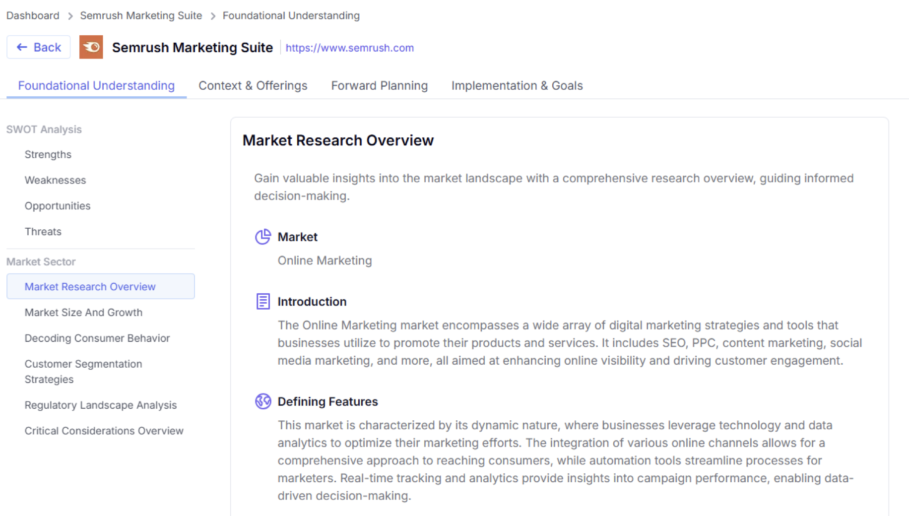 The &lsquo;Market Sector&rsquo; section of the &lsquo;Foundational Understanding&rsquo; tab in AI Strategic Market Insights.