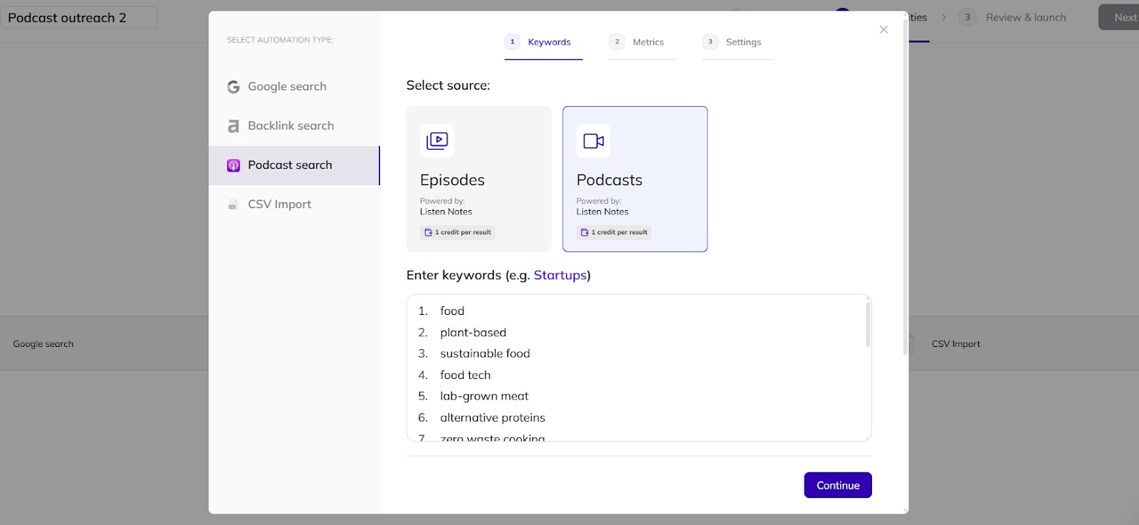 How to set up your keywords for opportunity searches in AI Backlink Builder.