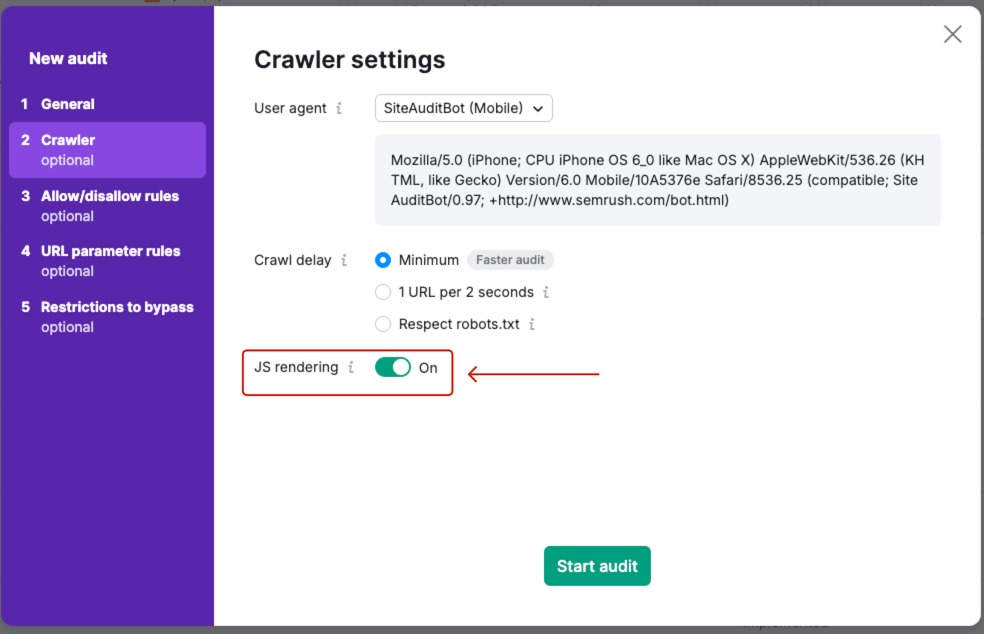 Site Audit setting with the JS-rendering enabled. 
