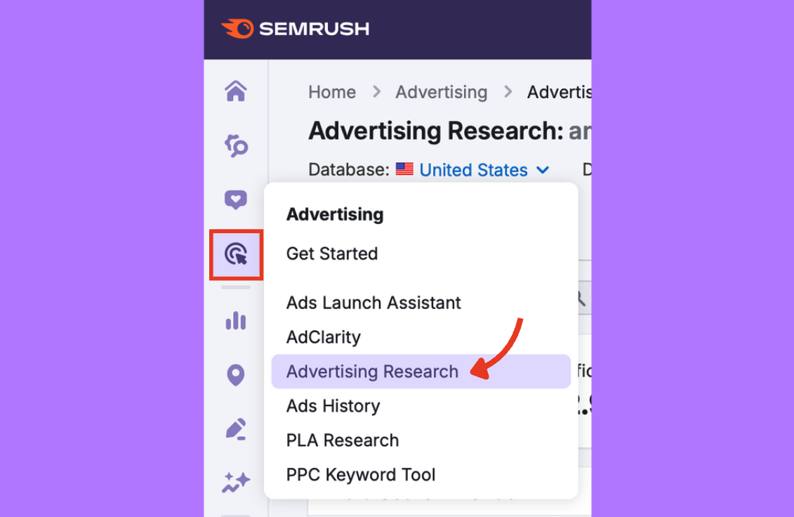 Semrush sidebar with the Advertising icon highlighted and the Advertising Research tool selected.